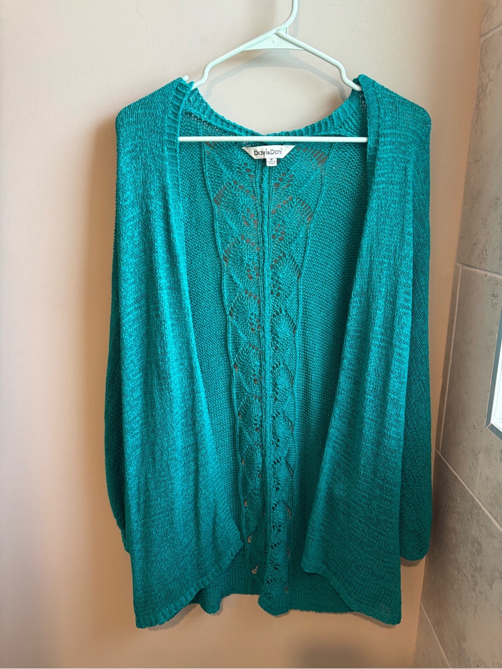 DAVI & DANI Teal Open-Front Knit Cardigan with Lace Panel
